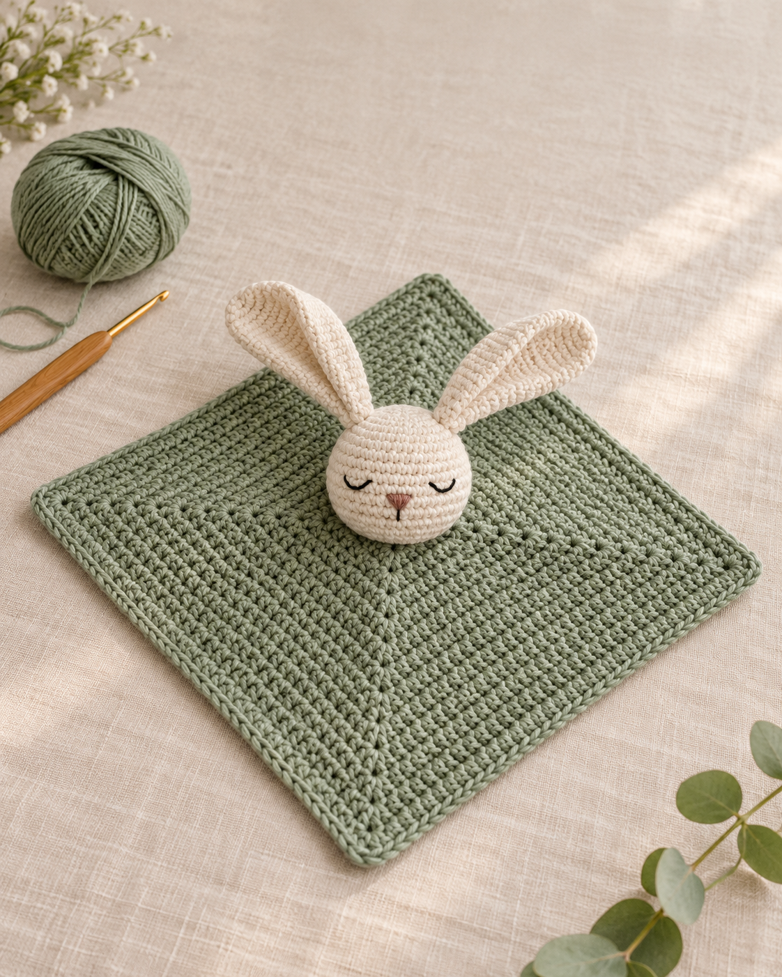 AI concept of an ivory crochet bunny head with embroidered features on a sage square blanket