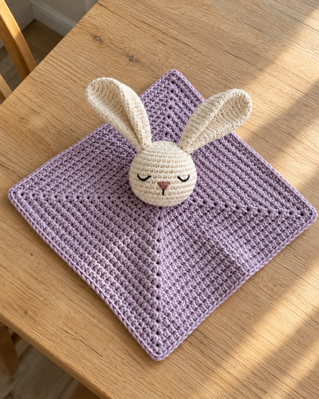 AI concept of a lilac bunny lovey on a wooden table
