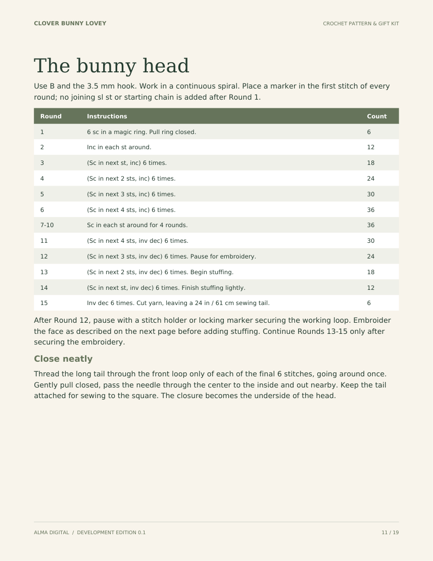 Actual page from the PDF showing written head rounds and stitch counts